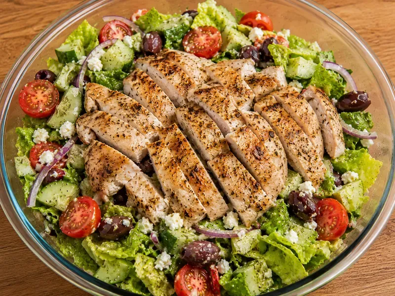 Finished Greek chicken salad with sliced chicken, romaine, cucumber, tomatoes, red onion, olives, feta, and dressing.