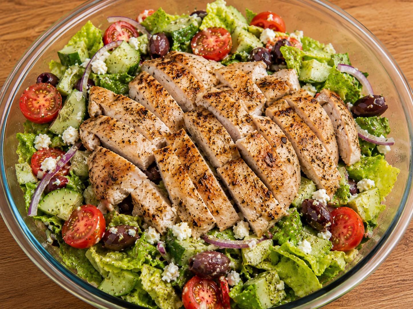 Finished Greek chicken salad with sliced chicken, romaine, cucumber, tomatoes, red onion, olives, feta, and dressing.