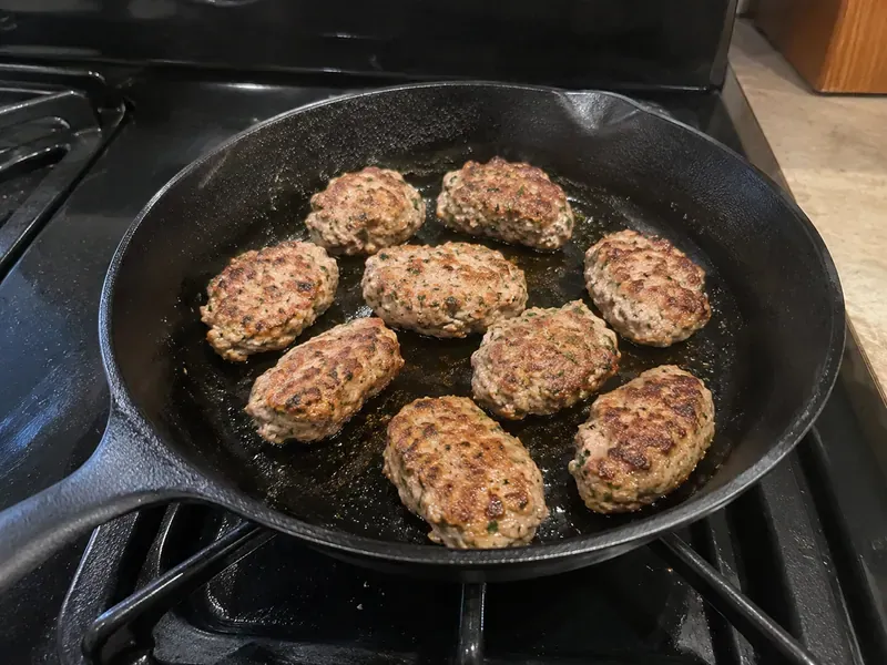 Turkey kofta cooking until browned and fully cooked.