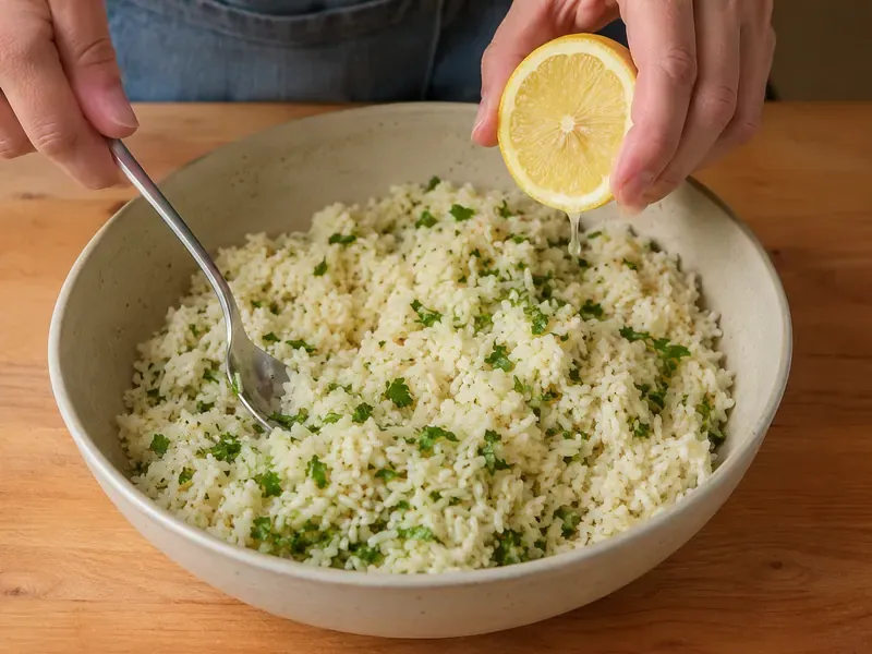 Cooked rice tossed with parsley and lemon juice.