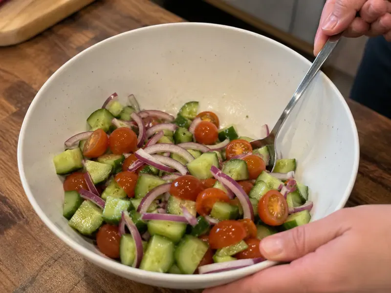 Cucumber, tomatoes, and red onion tossed into a fresh Greek-style salad.