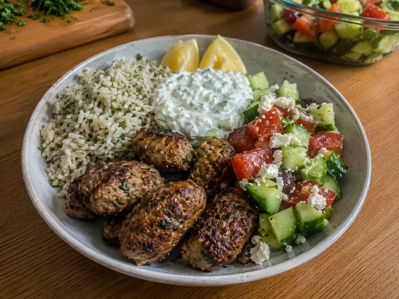 Finished Greek Turkey Kofta Bowl with kofta, rice, salad, and tzatziki.