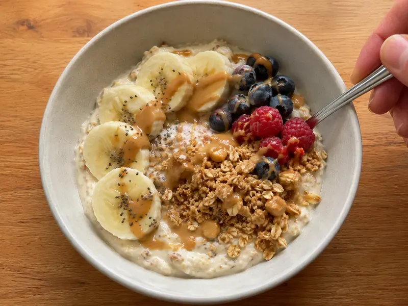 Finished Greek Yogurt Banana Protein Bowl ready to serve.