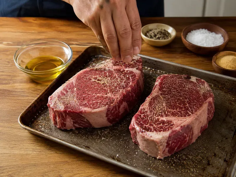 Raw steaks seasoned with salt, pepper, garlic powder, and olive oil.