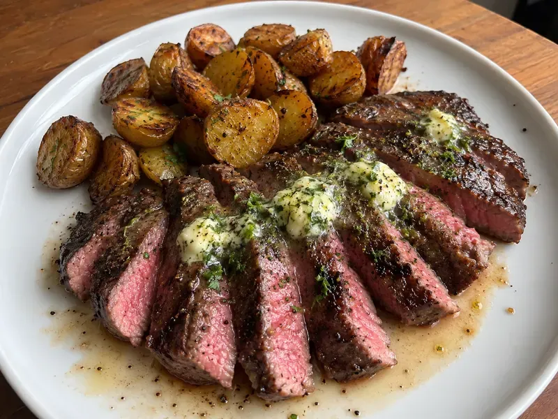 Finished grilled steak sliced and served with garlic herb butter.