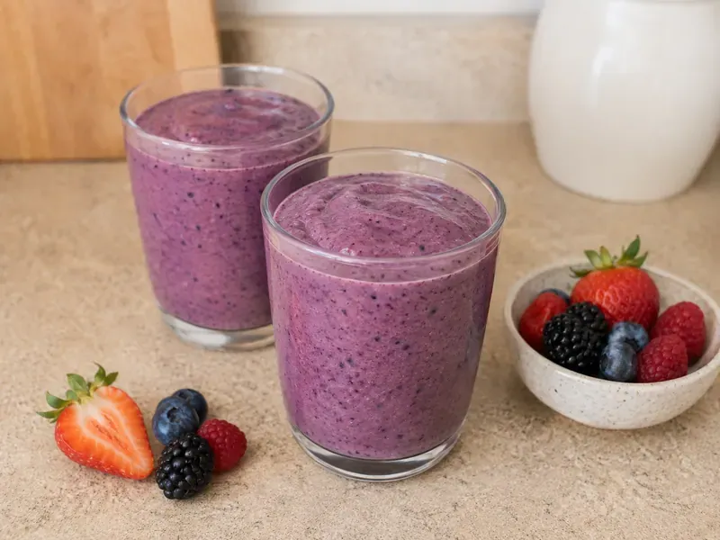 Finished high fiber berry smoothie poured into glasses with fresh berries nearby.