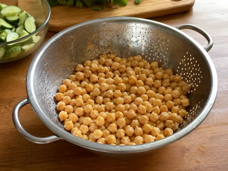 Drained and rinsed chickpeas in a colander or bowl for chickpea cucumber salad.