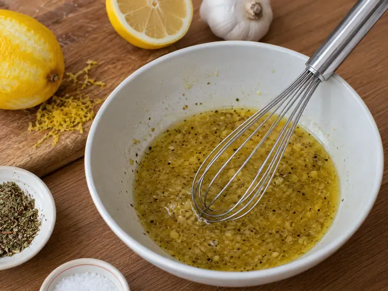 Lemon dressing whisked with olive oil, lemon juice, Dijon mustard, garlic, and oregano.