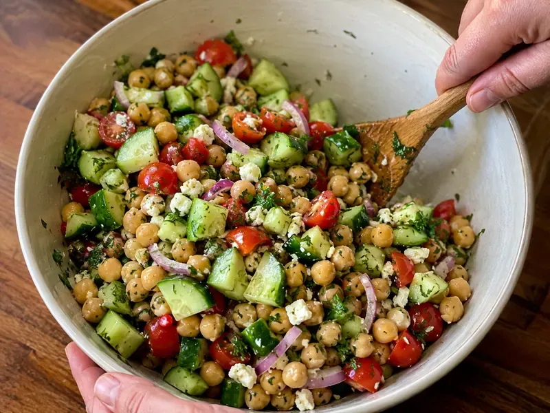 Chickpeas, cucumber, tomatoes, feta, onion, and herbs tossed with lemon dressing.