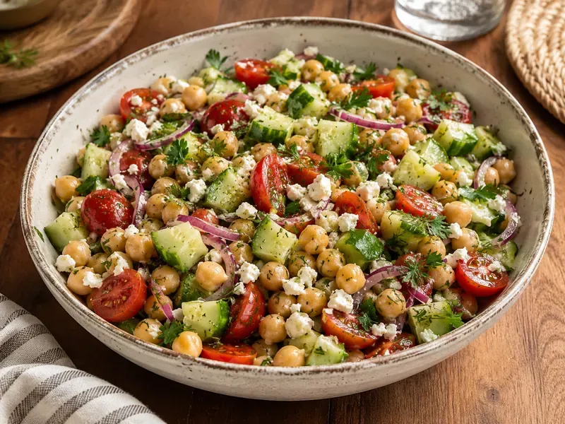 Finished high-fiber chickpea cucumber salad with lemon feta served in a bowl.