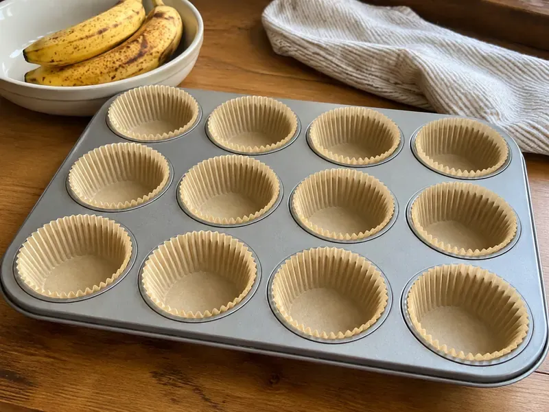 Prepared muffin pan with paper liners for high protein banana muffins.