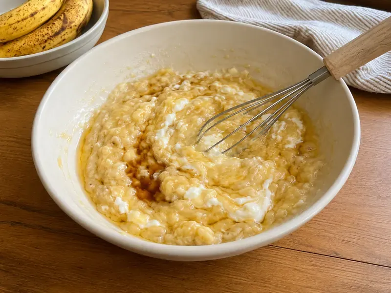 Mashed bananas mixed with Greek yogurt, eggs, maple syrup, oil, and vanilla.