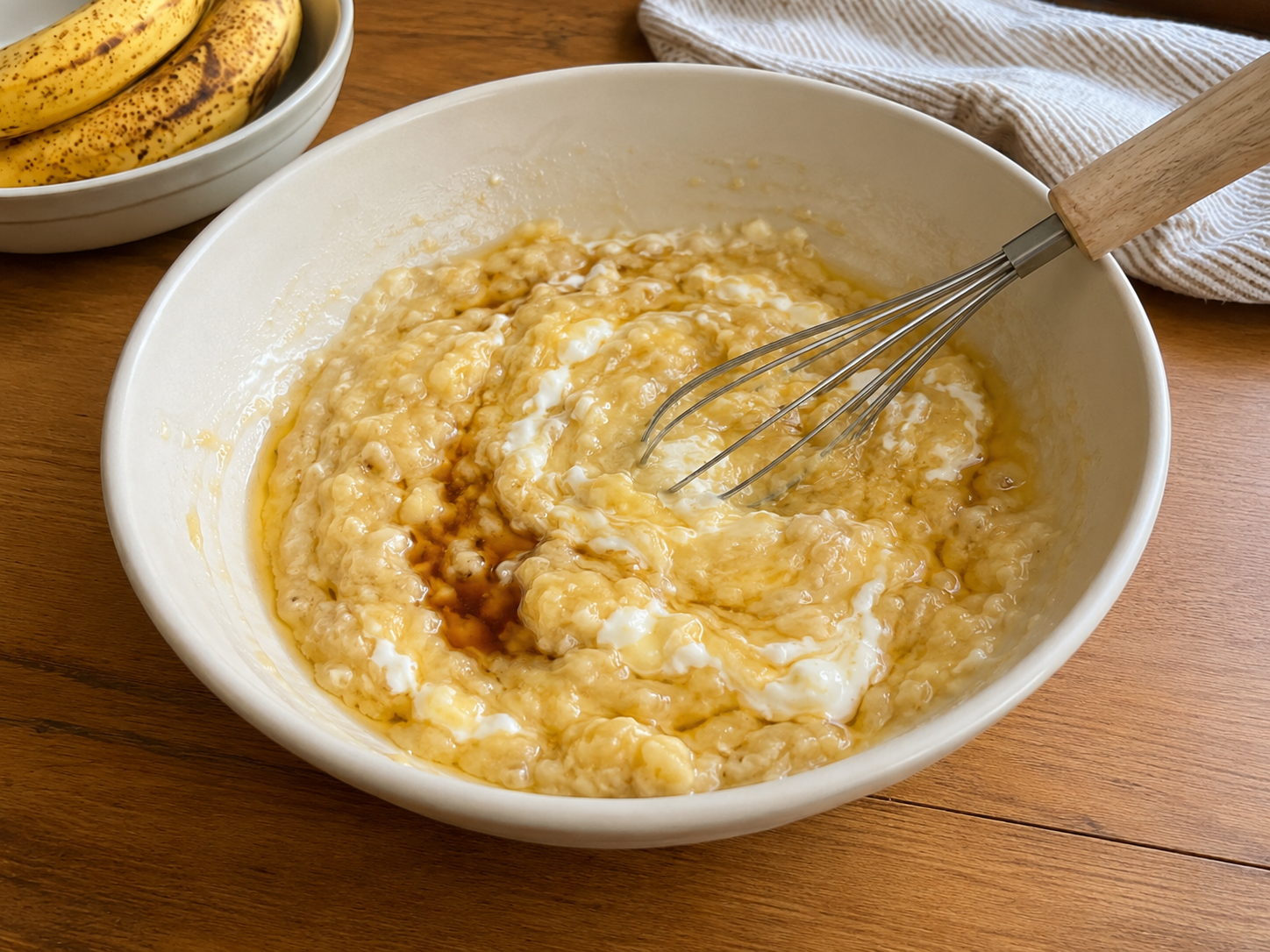Mashed bananas mixed with Greek yogurt, eggs, maple syrup, oil, and vanilla.