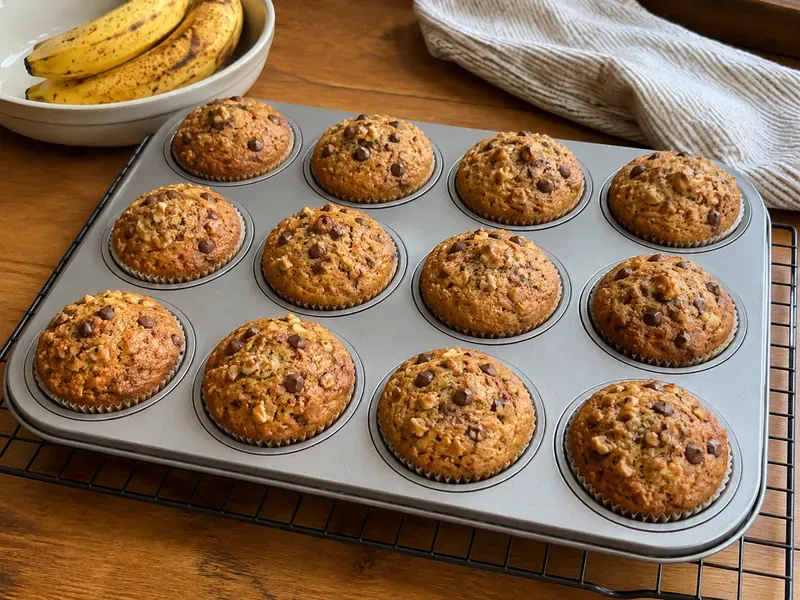 Finished high protein banana muffins cooling in a muffin pan or on a rack.