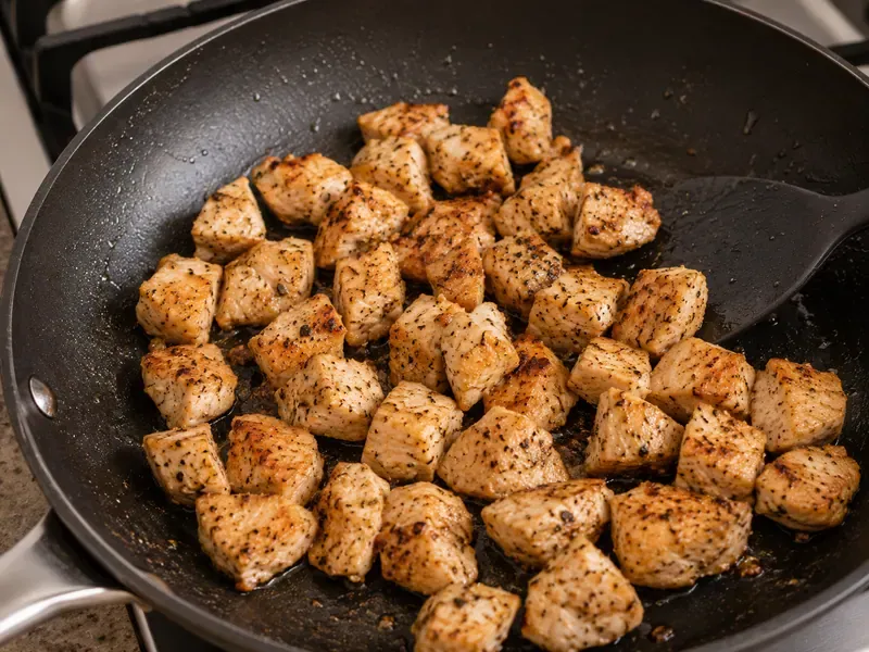Chicken breast pieces cooking in a skillet until browned for a high protein rice bowl.