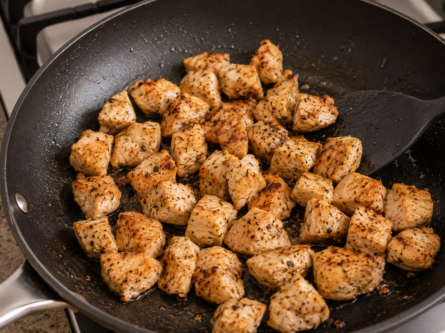 Chicken breast pieces cooking in a skillet until browned for a high protein rice bowl.