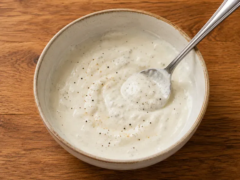 Creamy yogurt sauce mixed in a bowl with lemon juice, garlic powder, salt, and pepper.