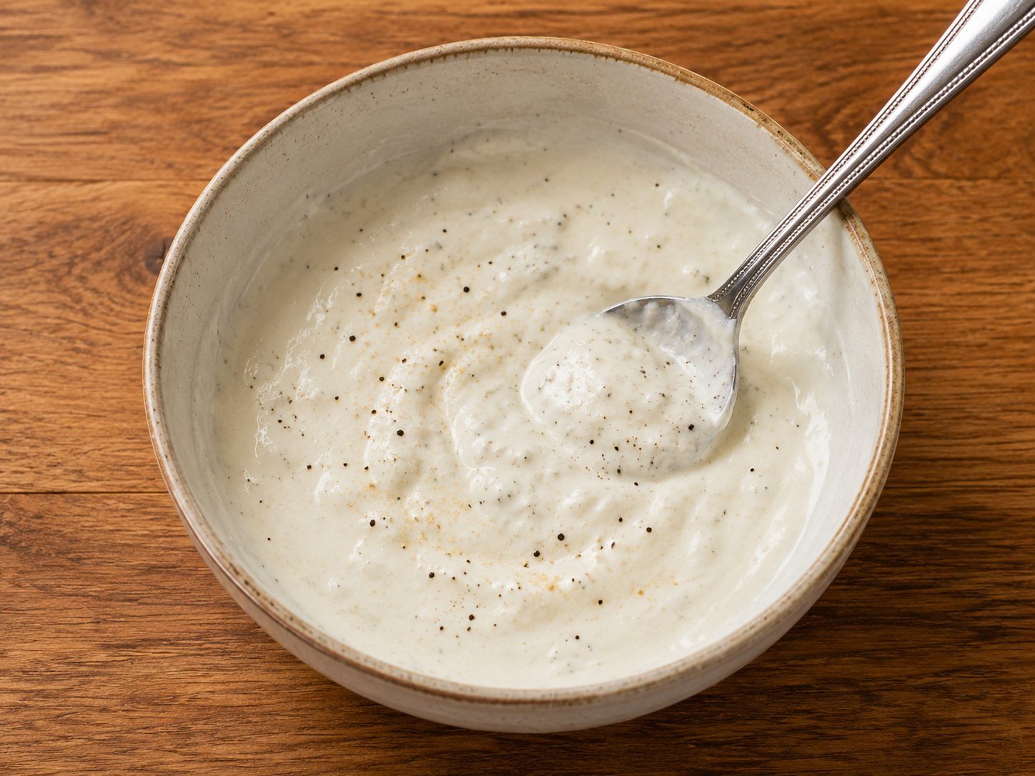 Creamy yogurt sauce mixed in a bowl with lemon juice, garlic powder, salt, and pepper.
