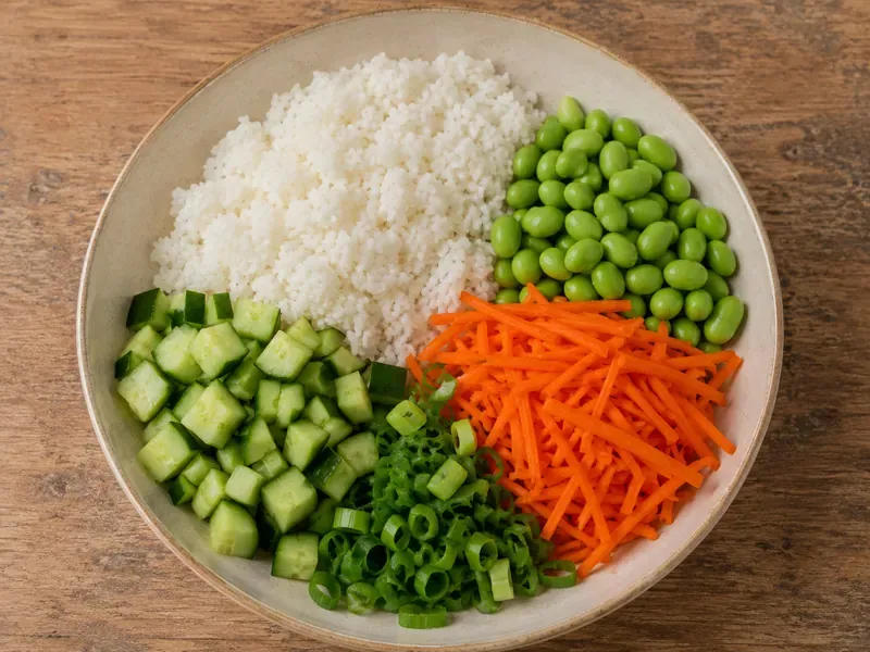 Rice, edamame, cucumber, carrots, and green onions prepared for a chicken rice bowl.
