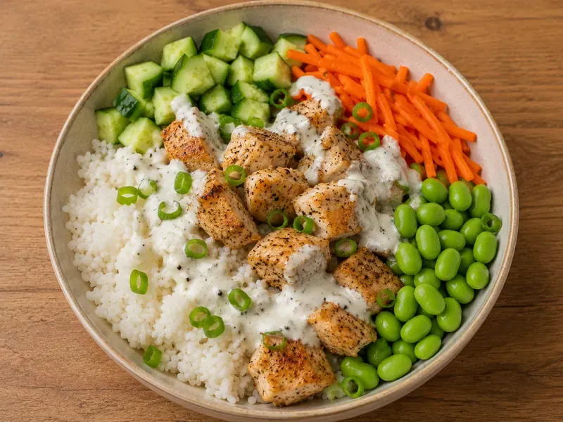 Finished high protein chicken rice bowl with chicken, rice, edamame, cucumber, carrots, and creamy sauce.