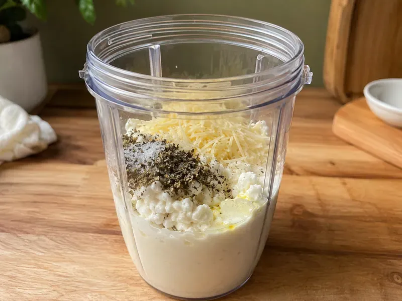 Cottage cheese, milk, parmesan, and seasonings added to a blender for Alfredo sauce.
