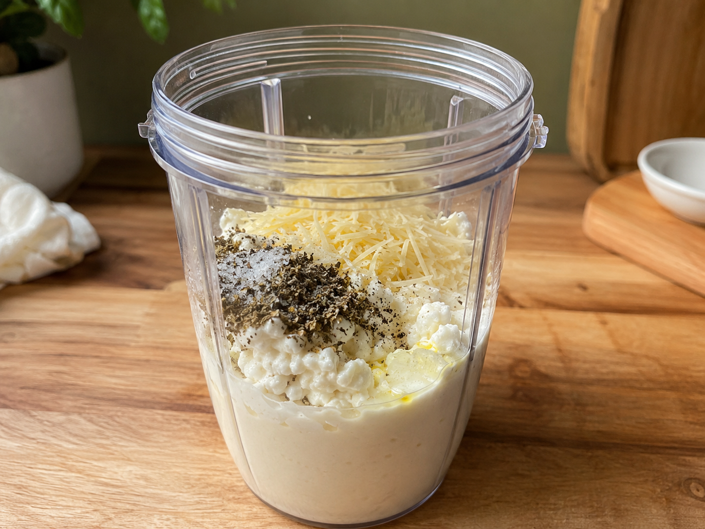 Cottage cheese, milk, parmesan, and seasonings added to a blender for Alfredo sauce.