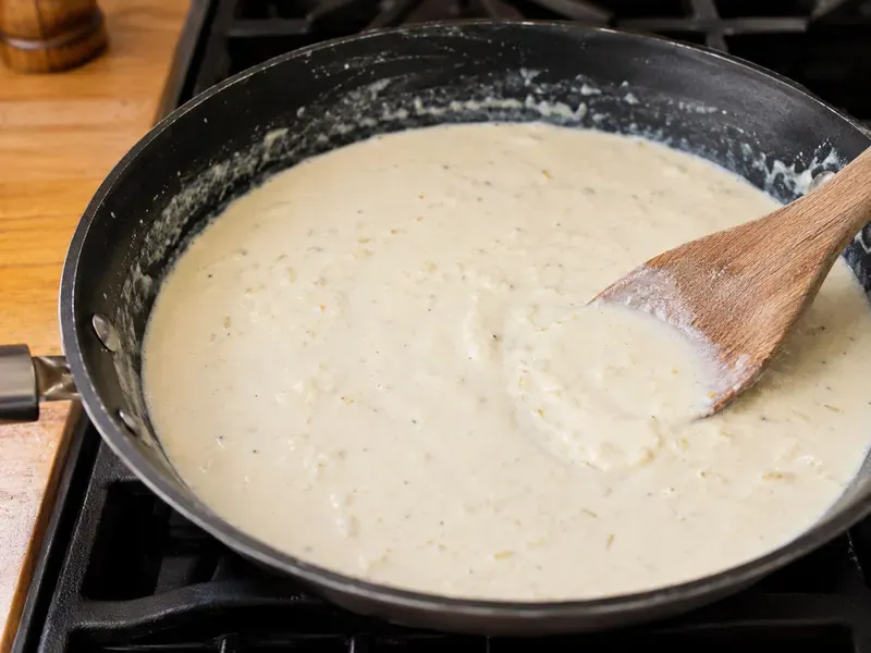Creamy cottage cheese Alfredo sauce warming in a skillet.