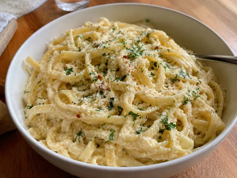 Finished High Protein Cottage Cheese Alfredo Pasta with creamy sauce, parmesan, and parsley.