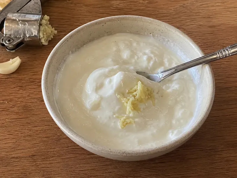 Greek yogurt sauce mixed with garlic, lemon juice, water, and salt.
