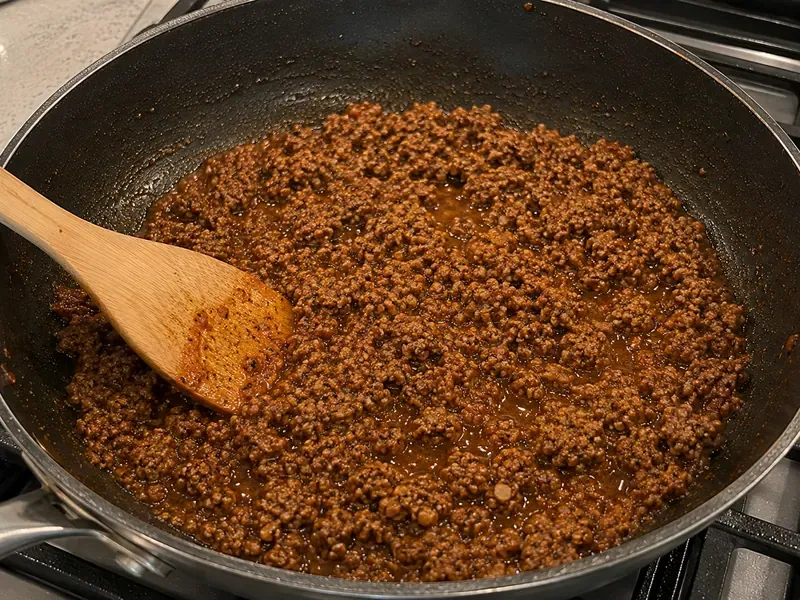 Ground beef mixed with tomato paste, paprika, cumin, garlic, and pasta water until saucy.