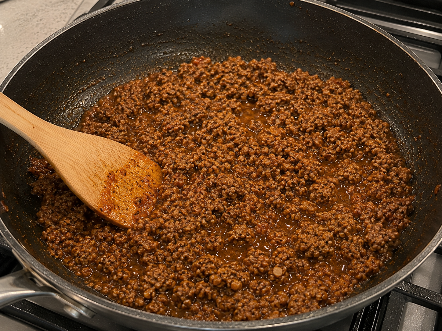 Ground beef mixed with tomato paste, paprika, cumin, garlic, and pasta water until saucy.