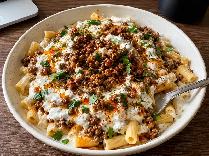 Finished high protein Turkish pasta with ground beef, garlic yogurt sauce, chili butter, parsley, and herbs.