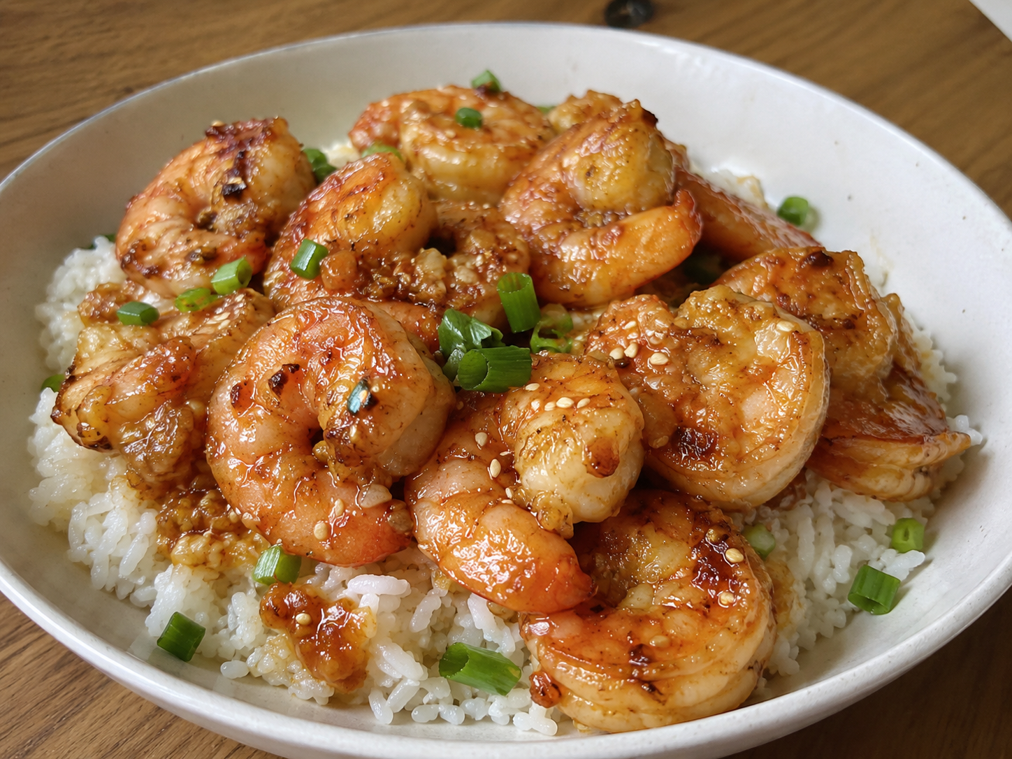 Honey garlic shrimp served over rice with sticky garlic sauce, green onions, and sesame seeds.
