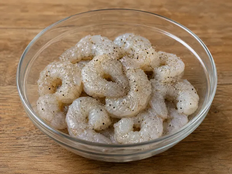 Raw shrimp seasoned with salt and black pepper before cooking.