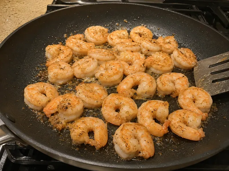 Shrimp cooking in a skillet until pink and lightly browned.