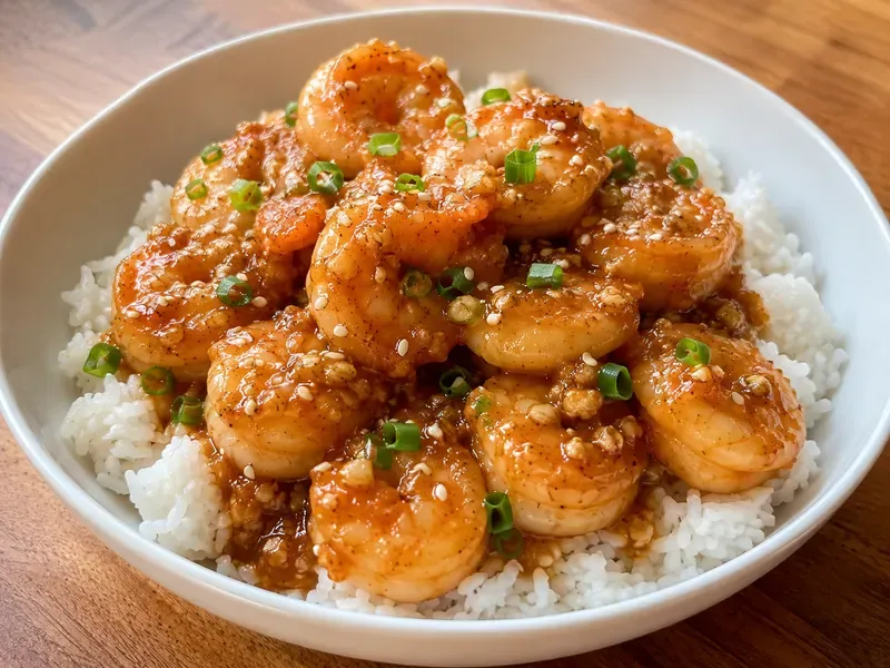 Finished honey garlic shrimp served over rice with green onions and sesame seeds.