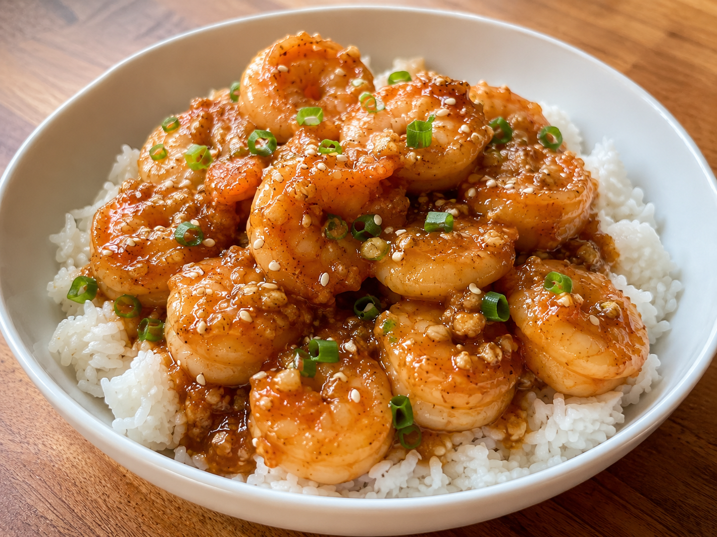 Finished honey garlic shrimp served over rice with green onions and sesame seeds.