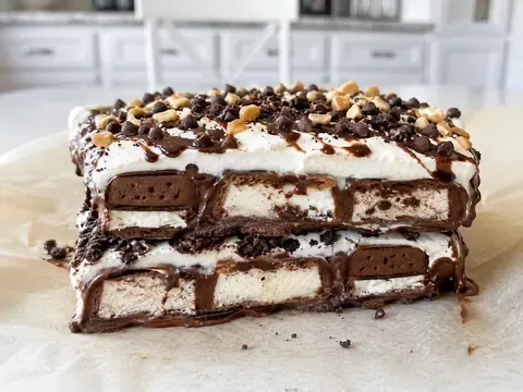 Hot Fudge Ice Cream Sandwich Dessert with frozen layers, whipped topping, chocolate drizzle, and cookie crumbs.