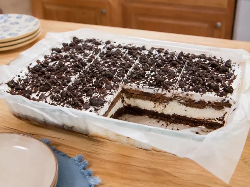 Finished hot fudge ice cream sandwich dessert sliced into layered squares.