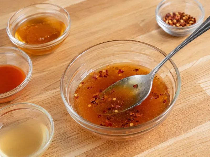 Hot honey sauce mixed in a small bowl with honey, hot sauce, vinegar, and red pepper flakes.