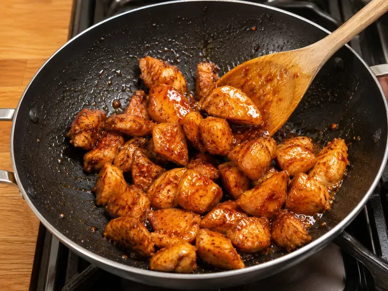 Cooked chicken tossed with hot honey sauce in a skillet.