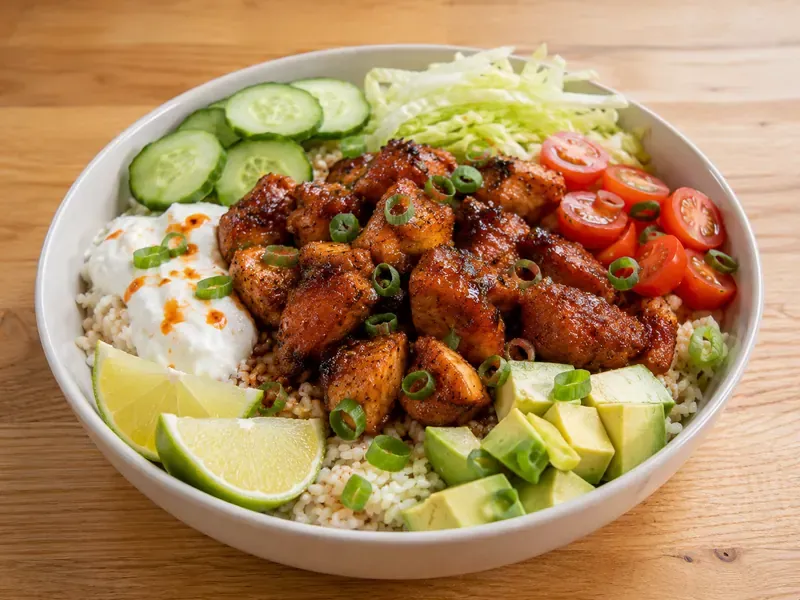 Finished Hot Honey Chicken Bowl with chicken, rice, vegetables, avocado, lime, and yogurt.