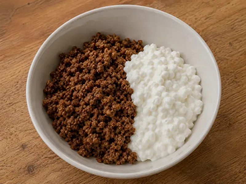 Cottage cheese and seasoned ground beef added to a bowl.