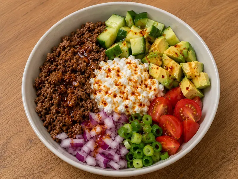 Finished hot honey cottage cheese beef bowl with ground beef, cottage cheese, cucumber, avocado, tomatoes, red onion, green onions, and hot honey drizzle.