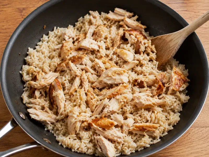 Cooked rice and shredded rotisserie chicken warmed for rice bowls.