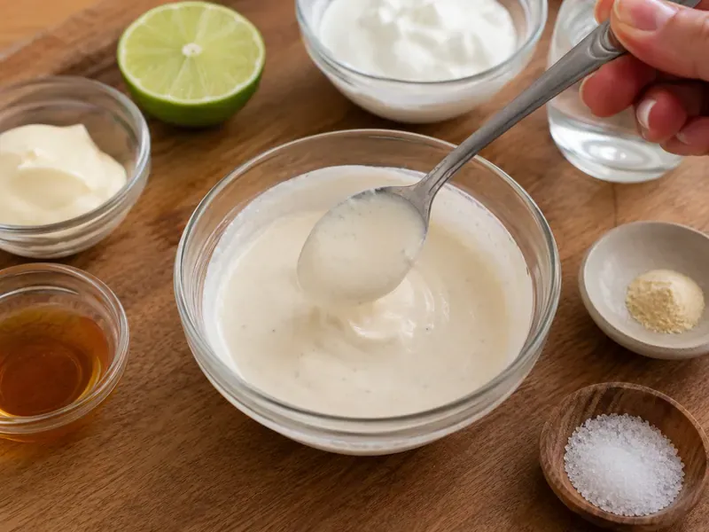 Creamy yogurt sauce mixed in a small bowl for chicken rice bowls.
