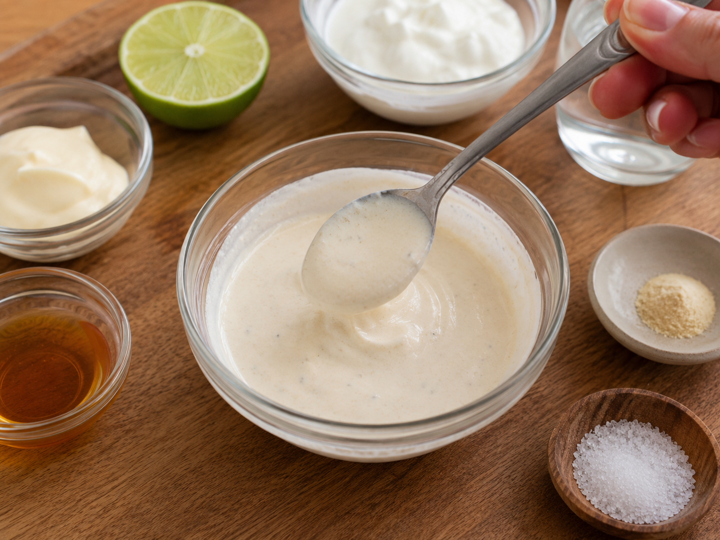 Creamy yogurt sauce mixed in a small bowl for chicken rice bowls.