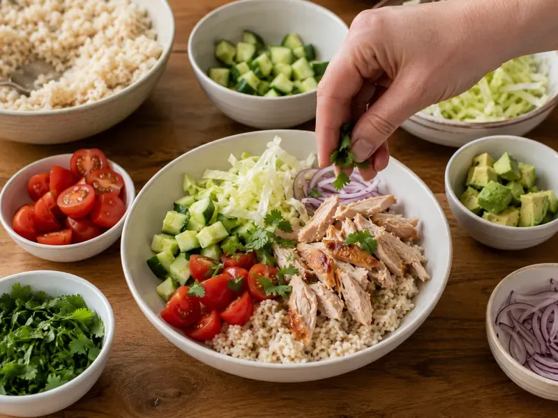 Rice bowls assembled with rotisserie chicken, vegetables, avocado, and herbs.