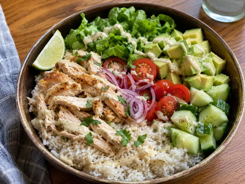 Finished Leftover Rotisserie Chicken Rice Bowl with fresh toppings and creamy sauce drizzle.