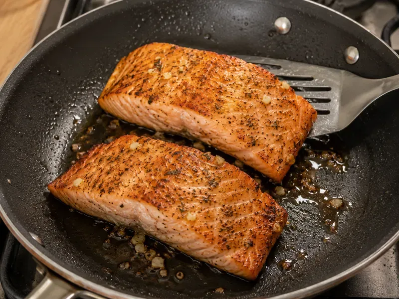 Lemon garlic salmon cooking in a skillet until browned and flaky.